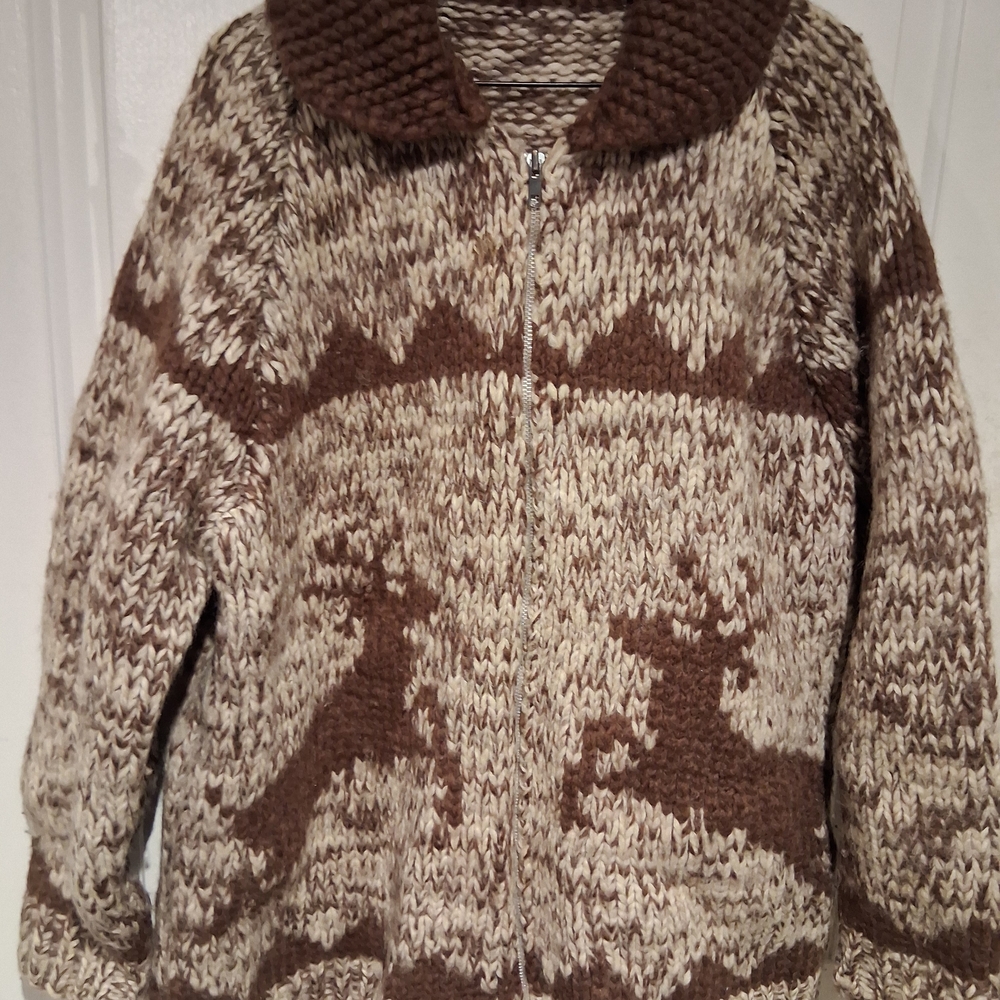 Cozy Brown and Cream Knit Sweater with Deer Pattern